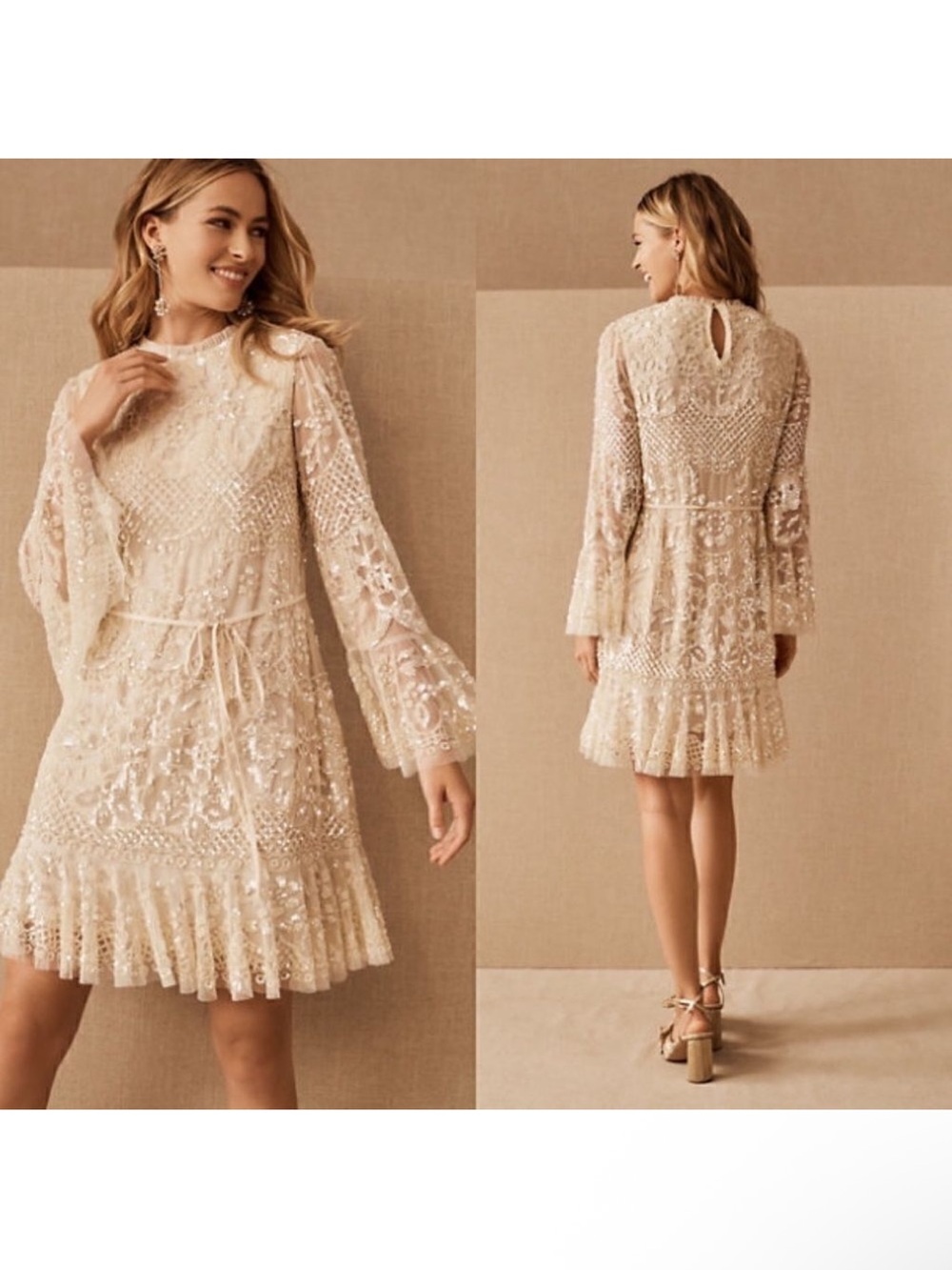 Needle & Thread Ivory Lace Beaded Mini Dress